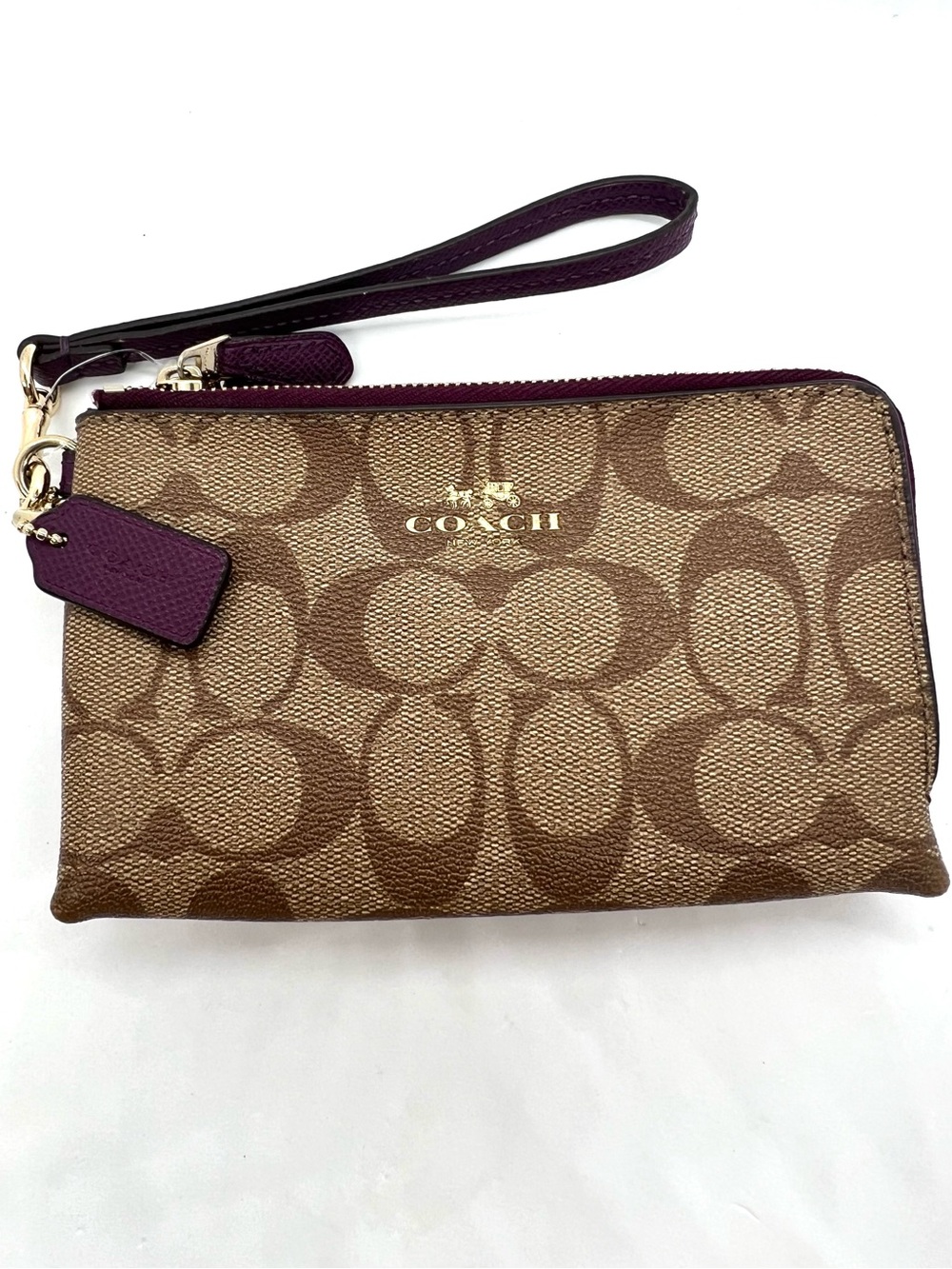 Coach Double Corner Zip Wristlet Signature Canvas Khaki Plum Purple F64131